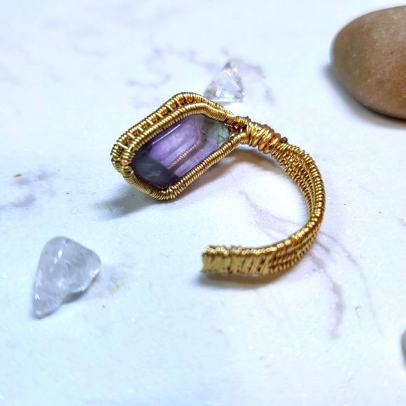 Handmade gold color adjustable ring fluorite stone - Picture 3 of 5